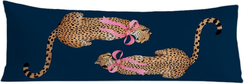 Exqcom Store Coquette Pink Bow Cheetah Body Pillow Covers 20x54, Leopard Print Room Decor, Trendy Navy Blue Cheetah Long Body Pillow Case Cover with Hidden Zipper for Women Adults Girls - Image 1